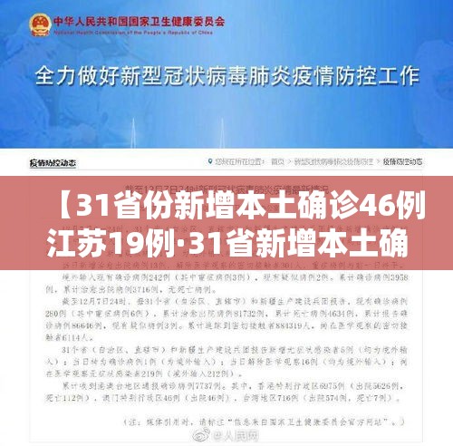 【31省份新增本土确诊46例江苏19例·31省新增本土确诊30例 在江苏等6省市】 【31省份新增本土确诊46例江苏19例·31省新增本土确诊30例 在江苏等6省市】